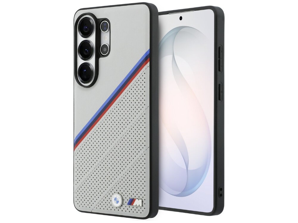 Etui na telefon w kolorze szarym z perforowanym wzorem i trzema paskami w kolorach czerwonym, niebieskim i granatowym. Na dole widoczne jest logo z literą \'M\'.