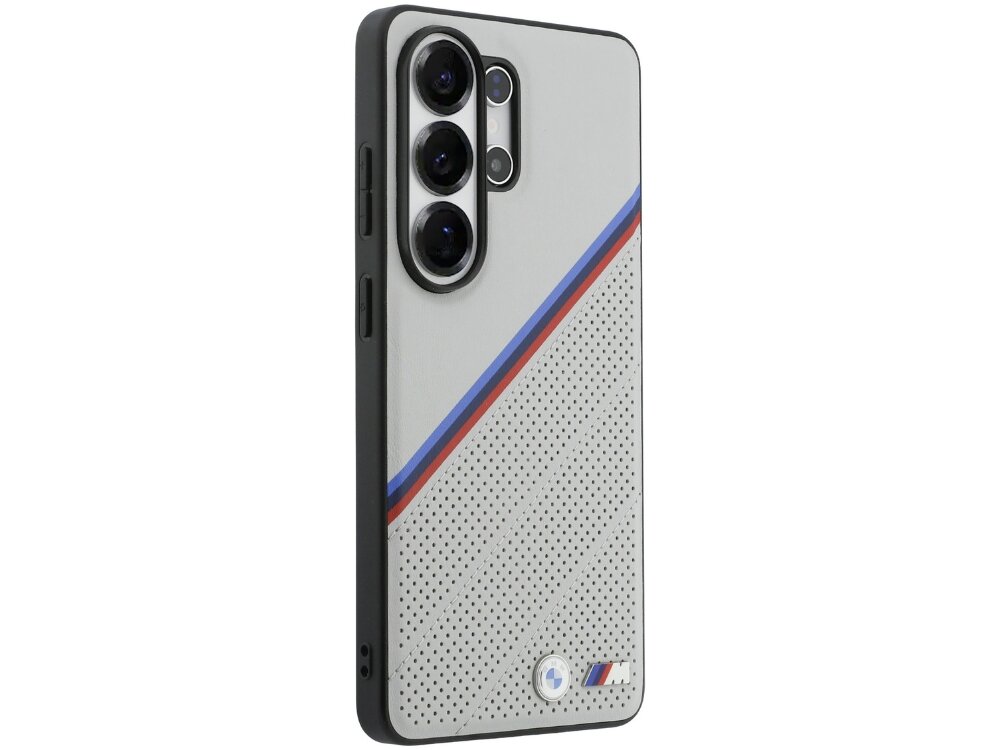 Etui na telefon w kolorze szarym z perforowanym wzorem i ukośnym paskiem w kolorach niebieskim, granatowym i czerwonym. Na dole widoczne jest logo z trzema kolorowymi paskami.