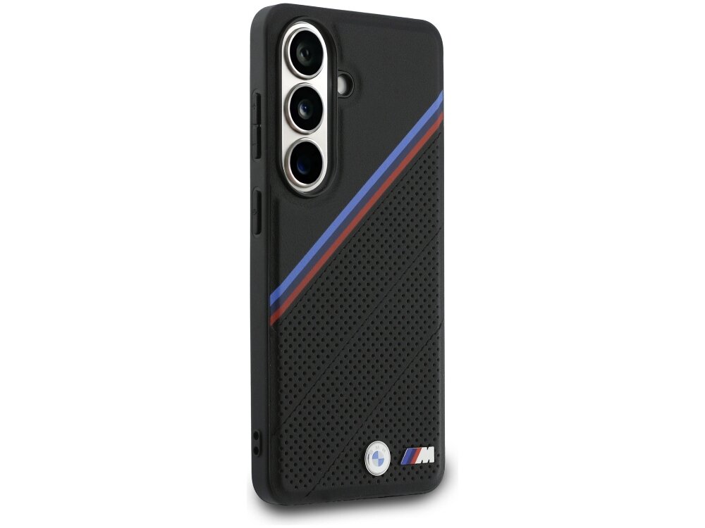 Etui BMW Tricolor Metal Logo Samsung Galaxy S26 - perforowana skóra, pasy M, metalowe logo Tył białego etui BMW M Edition do Samsung Galaxy S26 z perforowaną skórą ekologiczną i logo BMW.