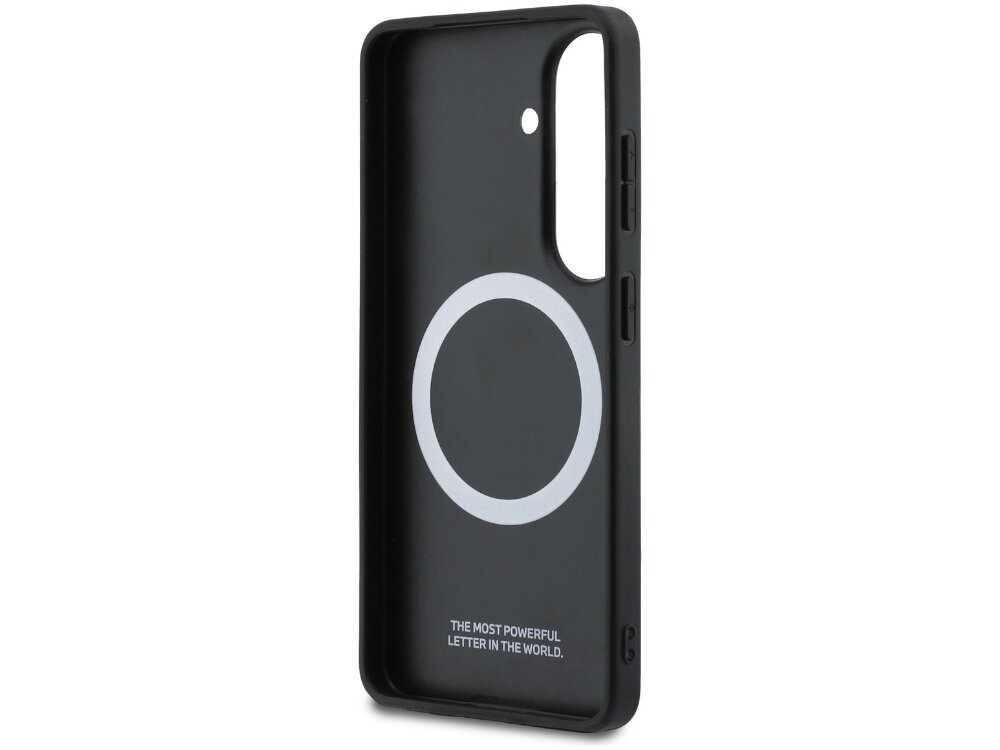 Etui BMW Tricolor Metal Logo Samsung Galaxy S26 - wytrzymałe, smukłe, MagSafe Czarny środek etui BMW M Edition do Samsung Galaxy S26 z białym pierścieniem MagSafe i napisem.
