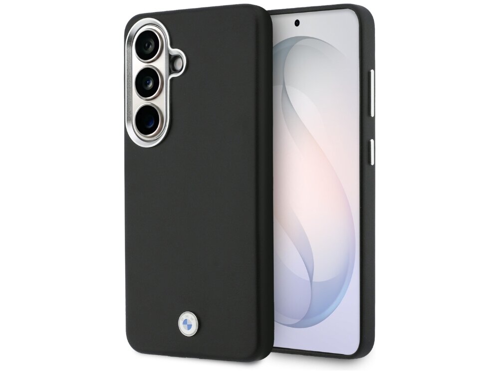 Etui BMW Sign Metal Logo MagSafe Samsung Galaxy S26 - eleganckie, teksturowane, sportowe Czarne etui BMW Silicone Signature do Samsung Galaxy S24+ widoczne z przodu i z tyłu.