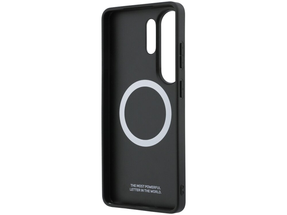 Etui BMW Tricolor Metal Logo Samsung Galaxy S26 Ultra - wytrzymałe, smukłe, MagSafe Czarny środek etui BMW M Edition do Samsung Galaxy S26 Ultra z białym pierścieniem MagSafe i napisem.