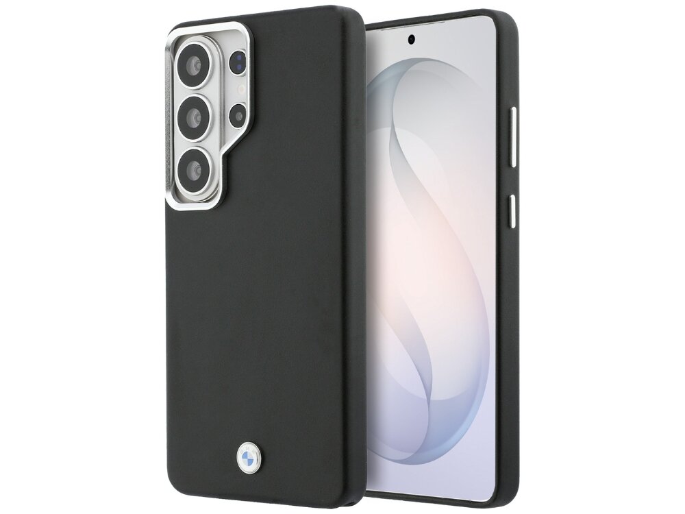 Etui BMW Sign Metal Logo MagSafe Samsung Galaxy S26 - eleganckie, teksturowane, sportowe Czarne etui BMW Silicone Signature do Samsung Galaxy S26 Ultra widoczne z przodu i z tyłu.