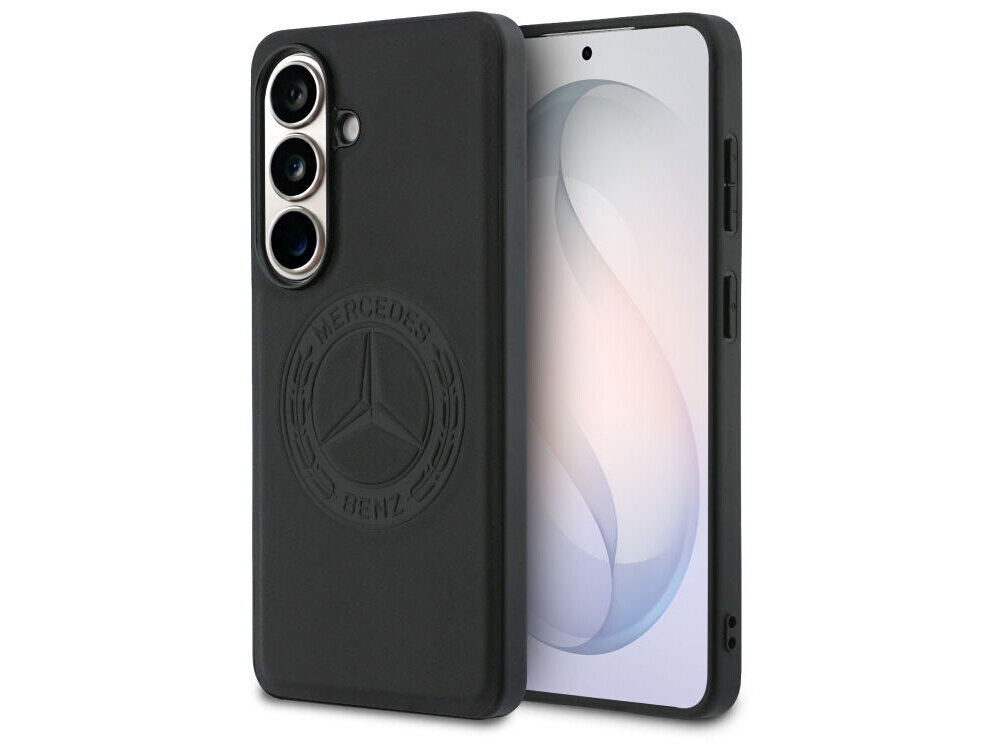 Czarne etui na telefon z wytłoczonym logo \'MERCEDES BENZ\' i trzema okręgami na aparat. Obok etui widoczny jest telefon z wyświetlaczem pokazującym abstrakcyjny wzór.
