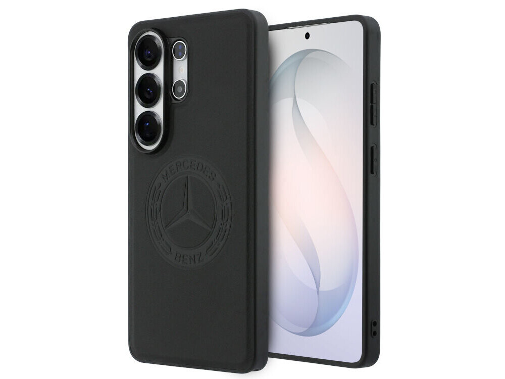 Czarne etui na telefon z wytłoczonym logo \'MERCEDES BENZ\' i trzema okręgami. Obok etui widoczny jest telefon z ekranem wyświetlającym abstrakcyjny wzór.
