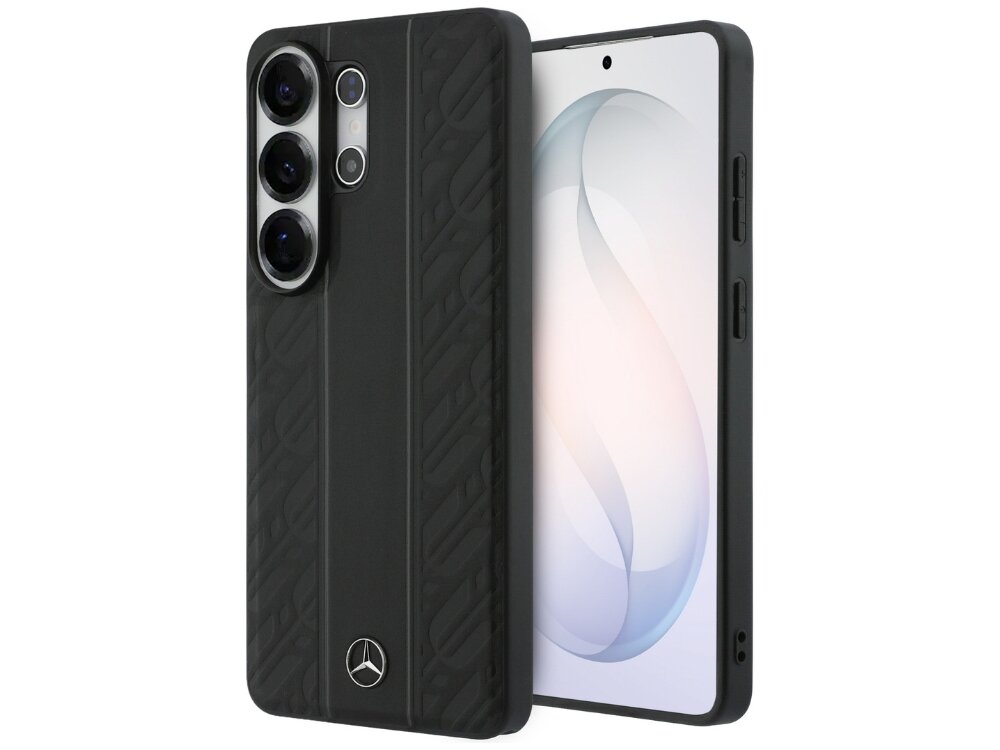 Etui Mercedes-Benz Laurel Leaves Vertical Stripes Samsung Galaxy S26 - skóra naturalna, TPU, MagSafe Czarny pokrowiec ochronny Mercedes-Benz do Samsung Galaxy S24 z wytłaczanym wzorem i metalowym logo gwiazdy.