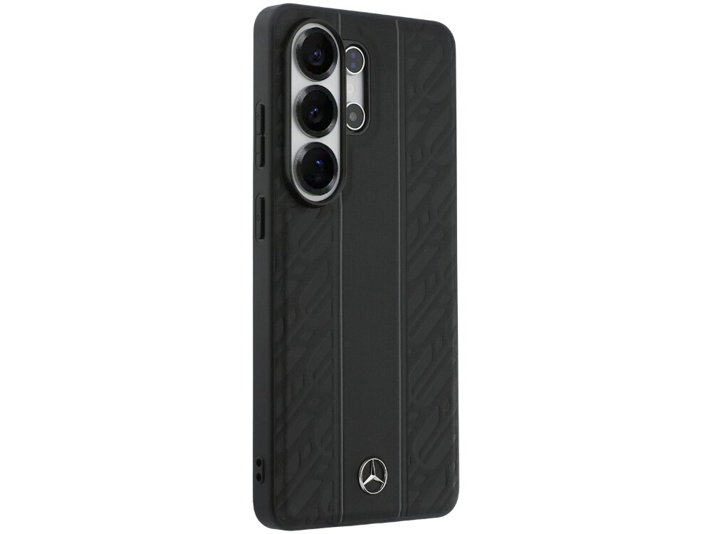 Etui Mercedes-Benz Laurel Leaves Vertical Stripes Samsung Galaxy S26 - skóra, logo, luksus Eleganckie etui na telefon Samsung Galaxy S24 w kolorze czarnym z teksturowanymi pasami i subtelnym emblematem Mercedes-Benz.