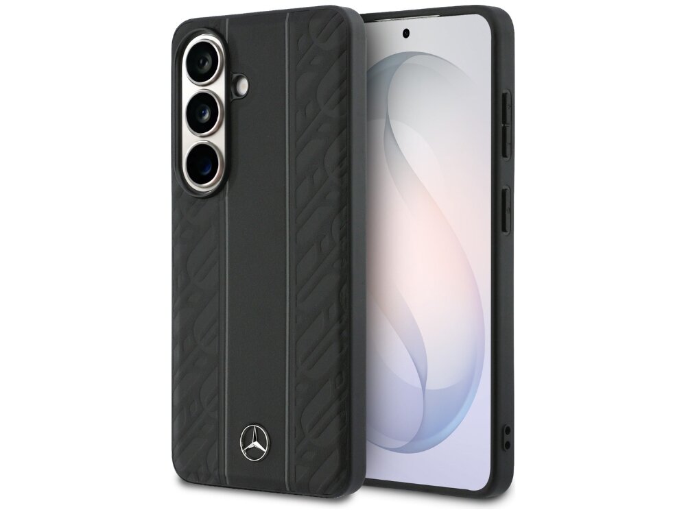 Etui Mercedes-Benz Laurel Leaves Vertical Stripes Samsung Galaxy S26 - skóra naturalna, TPU, MagSafe Czarny pokrowiec ochronny Mercedes-Benz do Samsung Galaxy S24 z wytłaczanym wzorem i metalowym logo gwiazdy.