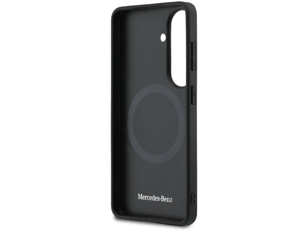Etui Mercedes-Benz Laurel Leaves Vertical Stripes Samsung Galaxy S26 - wytrzymałe, elastyczne, MagSafe Wnętrze czarnego etui Mercedes-Benz do Samsung Galaxy S24 z widocznym pierścieniem MagSafe i białym napisem Mercedes-Benz.