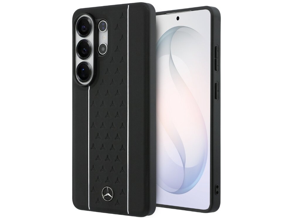 Etui Mercedes-Benz Laurel Leaves Stripes Samsung Galaxy S26 - skóra naturalna, TPU, MagSafe Czarny pokrowiec ochronny Mercedes-Benz do Samsung Galaxy S24 z wytłaczanym wzorem i metalowym logo gwiazdy.