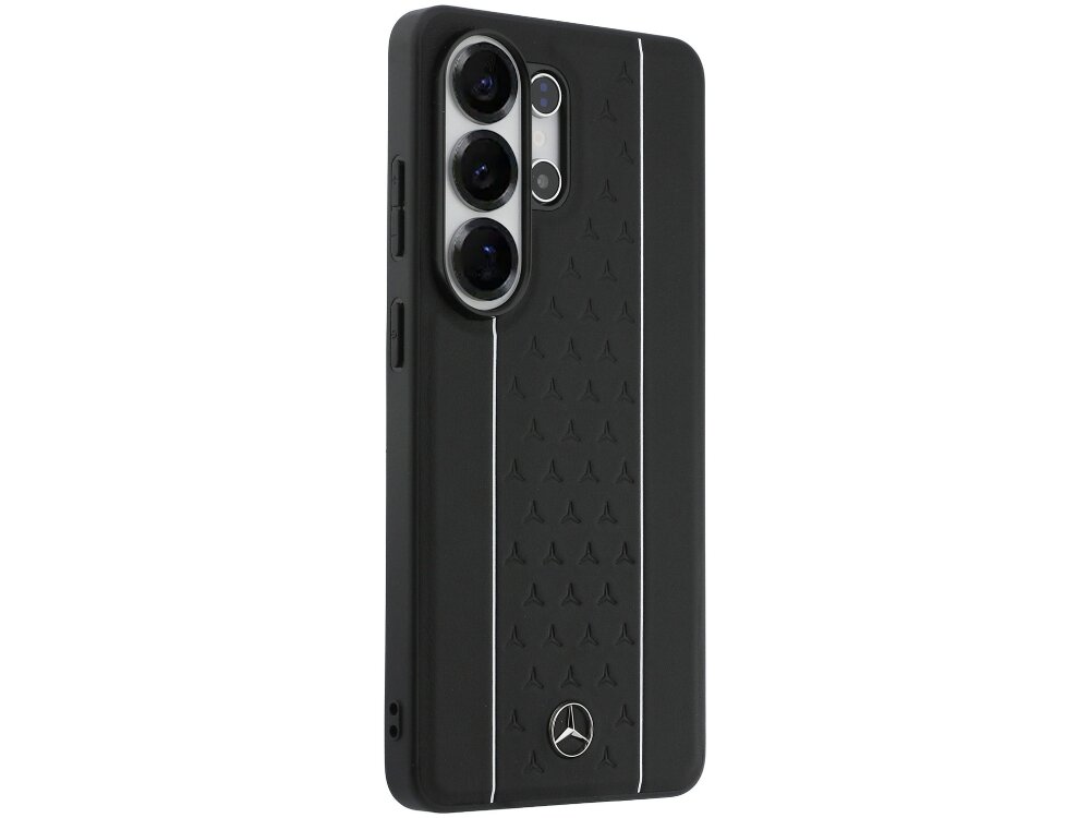 Etui Mercedes-Benz Laurel Leaves Stripes Samsung Galaxy S26 - skóra, logo, luksus Eleganckie etui na telefon Samsung Galaxy S24 w kolorze czarnym z teksturowanymi pasami i subtelnym emblematem Mercedes-Benz.