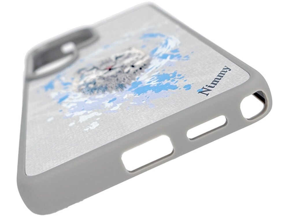 Jasnoszare etui z nadrukiem pantery i napisem \'Nimmy\'. Etui posiada wycięcia na przyciski i aparat.