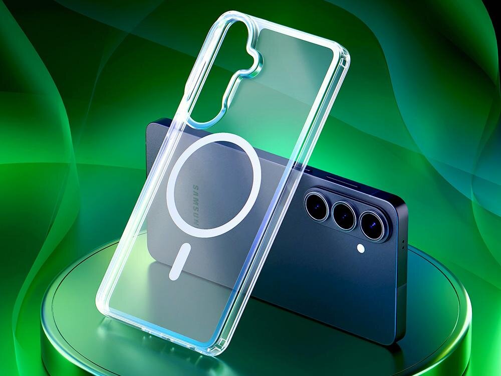 Etui XLINE Clear Guardx MagSafe do Samsung Galaxy S26+ Przezroczysty Przezroczyste etui z funkcją MagSafe obok granatowego smartfona Samsung Galaxy S26 Ultra na zielonym tle.