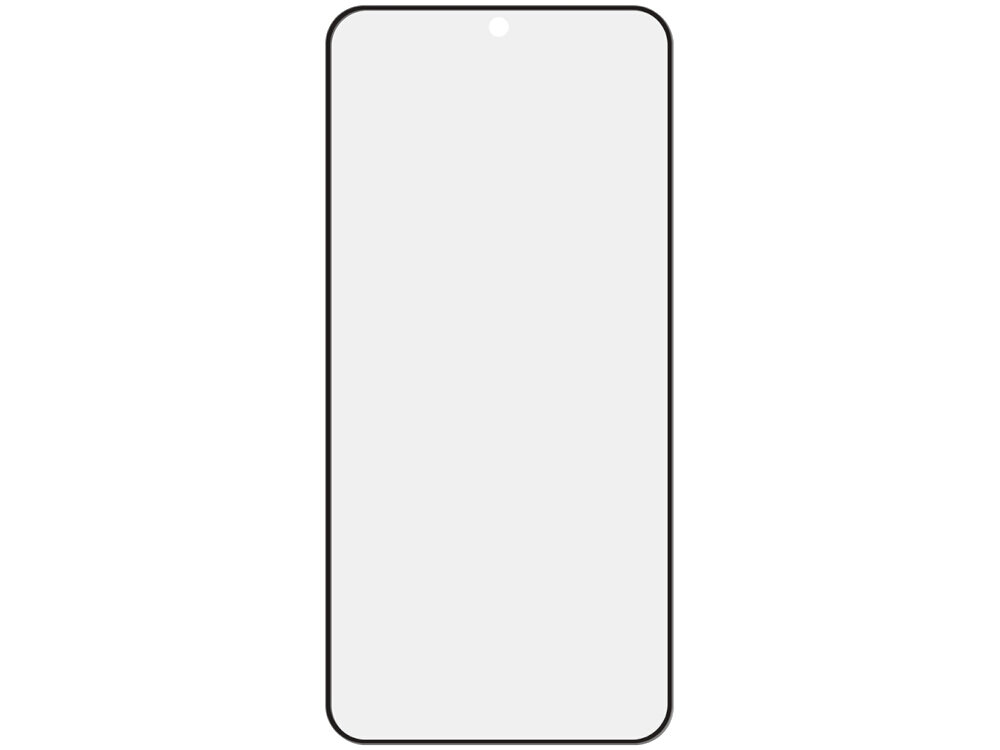 Szkło hartowane UNIQ Optix Vivid Samsung Galaxy S26 - twardość 9H, HD, łatwy montaż Przezroczyste szkło ochronne na cały ekran telefonu z czarną ramką i otworem na kamerę selfie.