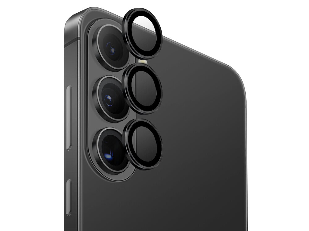 Szkło na obiektyw UNIQ Optix Aluminium Camera Lens Samsung Galaxy S26 - eleganckie, aluminiowa ramka, hartowane Trzy czarne pierścienie ochronne na obiektywy aparatu smartfona Samsung Galaxy, pokazane w trakcie nakładania.
