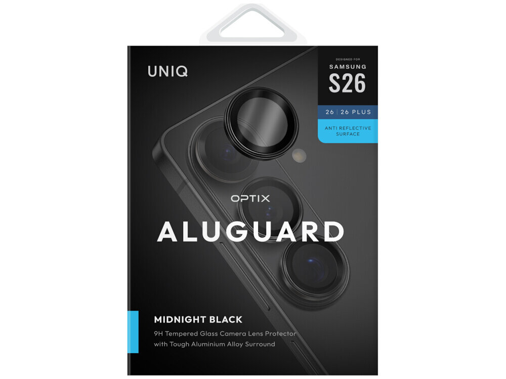 Szkło na obiektyw UNIQ Optix Aluminium Camera Lens Samsung Galaxy S26 - ochrona, elegancka ramka, łatwy montaż Opakowanie UNIQ Optix Aluguard Midnight Black – osłony na obiektywy z aluminium i szkła hartowanego 9H do Samsung S26 / S26 Plus.