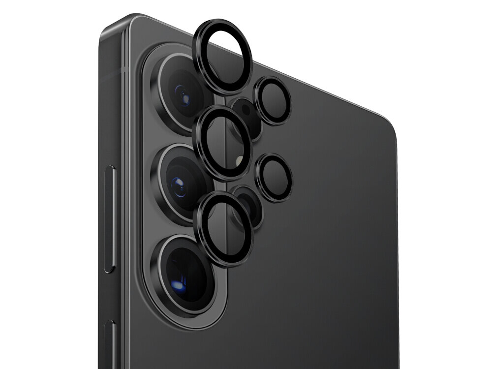 Szkło na obiektyw UNIQ Optix Aluminium Camera Lens Samsung Galaxy S26 - eleganckie, aluminiowa ramka, hartowane Trzy czarne pierścienie ochronne na obiektywy aparatu smartfona Samsung Galaxy, pokazane w trakcie nakładania.