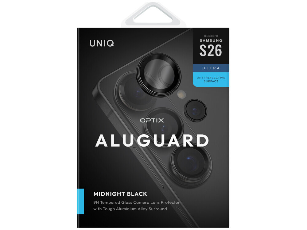 Szkło na obiektyw UNIQ Optix Aluminium Camera Lens Samsung Galaxy S26 - ochrona, elegancka ramka, łatwy montaż Opakowanie UNIQ Optix Aluguard Midnight Black – osłony na obiektywy z aluminium i szkła hartowanego 9H do Samsung S26 / S26 Plus.