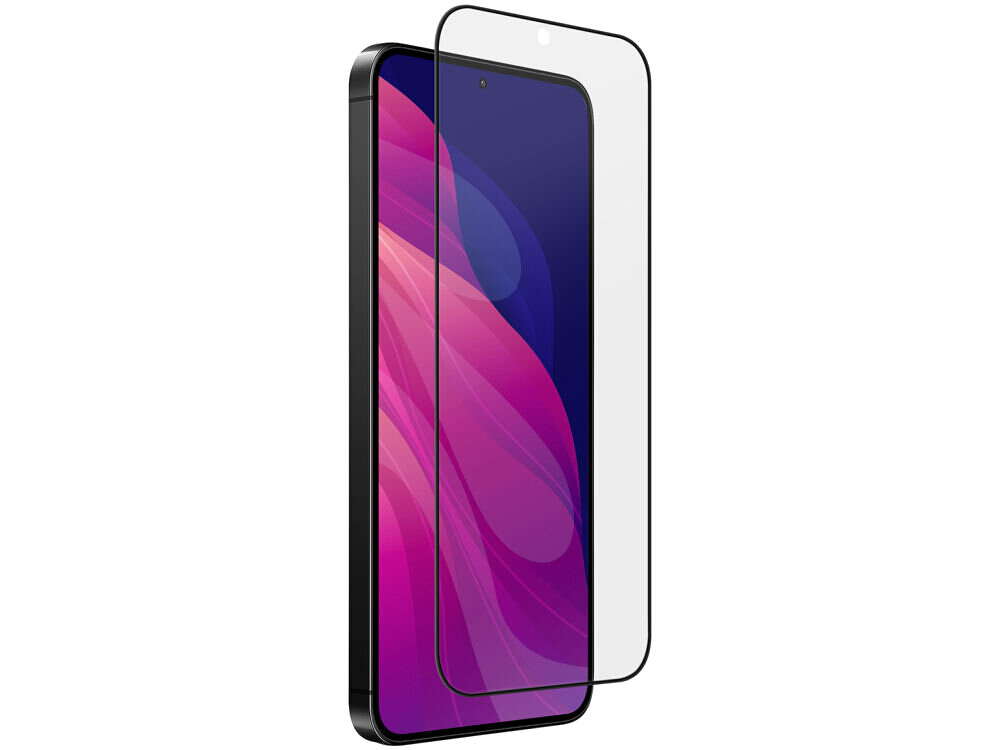 Szkło hartowane UNIQ Optix Vivid Samsung Galaxy S26 - wyraźny obraz, hartowane, eleganckie Przezroczyste szkło hartowane 9H dopasowane do ekranu smartfona, pokazane w rzucie izometrycznym.