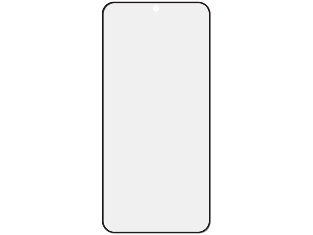 Szkło hartowane UNIQ Optix Vivid Samsung Galaxy S26 - twardość 9H, HD, łatwy montaż Przezroczyste szkło ochronne na cały ekran telefonu z czarną ramką i otworem na kamerę selfie.