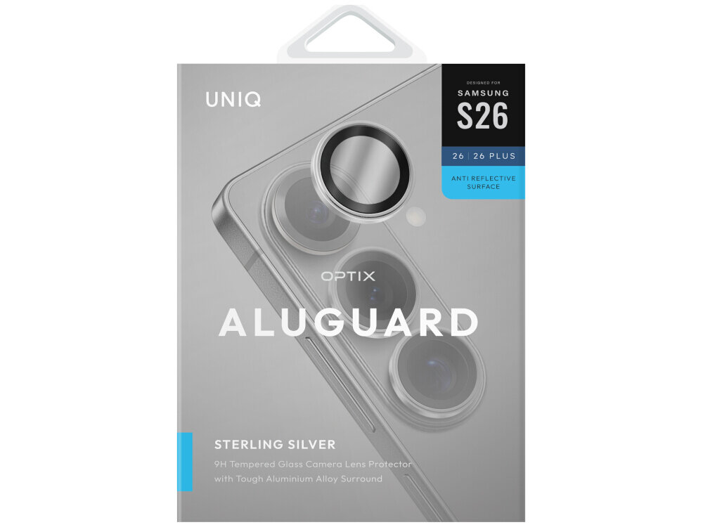 Szkło na obiektyw UNIQ Optix Aluminium Camera Lens Samsung Galaxy S26 - ochrona, elegancka ramka, łatwy montaż Opakowanie UNIQ Optix Aluguard Midnight Black – osłony na obiektywy z aluminium i szkła hartowanego 9H do Samsung S26 / S26 Plus.