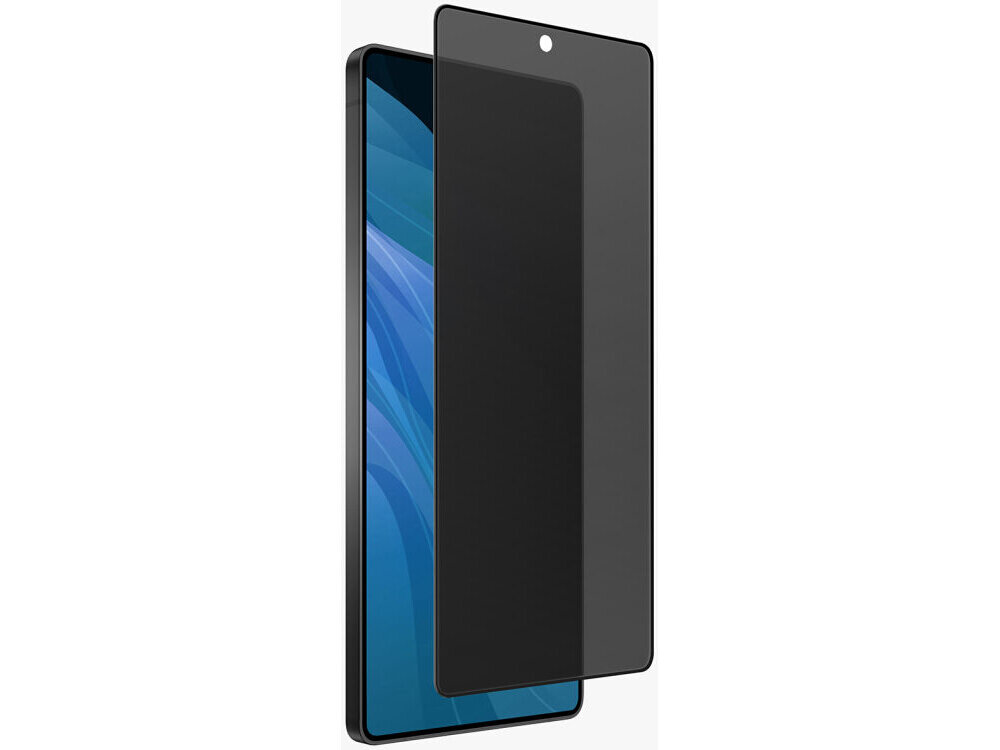 Szkło hartowane UNIQ Optix Privacy Samsung Galaxy S26 - prywatność, hartowane, ochrona Przyciemniane szkło hartowane typu Privacy (prywatyzujące) unoszące się nad ekranem czarnego smartfona.