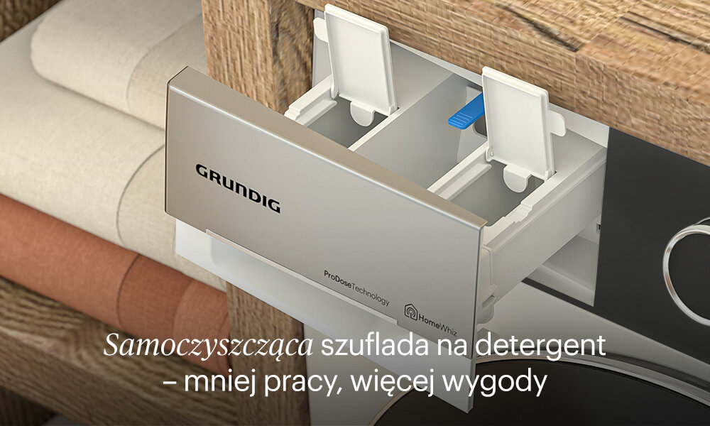 PRALKA GRUNDIG GW7P57415W Na grafice 9.jpg widać wysuniętą szufladę na detergent w pralce Grundig, z podziałem na komory i otwartymi klapkami dozującymi. Pod spodem znajduje się podpis „Samoczyszcząca szuflada na detergent – mniej pracy, więcej wygody”, podkreślający łatwiejsze utrzymanie jej w czystości funkcja samoczyszczącej szuflady automatyczne czyszczenie resztki detergentu podwójny strumień wody wygoda oszczędność czasu oszczędność wysiłku
