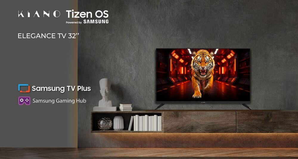 Telewizor KIANO Elegance 32 HD Tizen OS Powered by Samsung  Smart TV ekran do salonu, telewizor na komodzie w pomieszczeniu