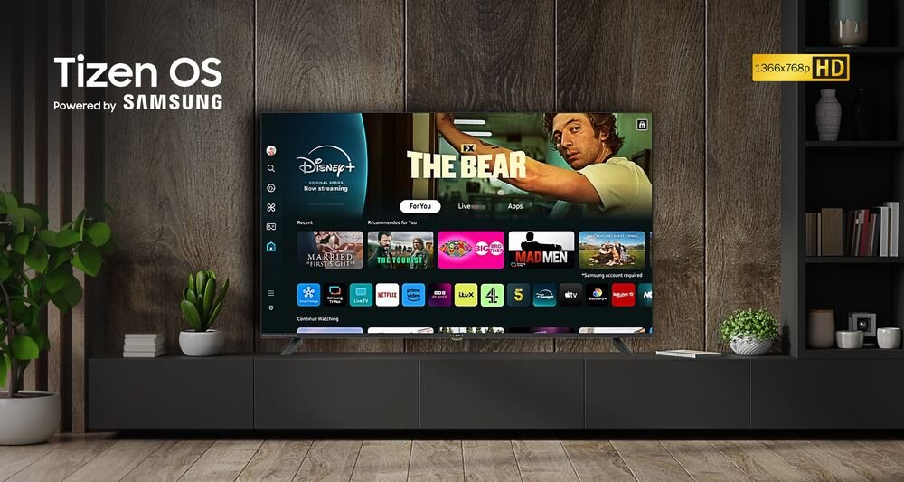 Telewizor KIANO Elegance 32 HD Tizen OS Powered by Samsung system Tizen personalizacja Smart TV płynne działanie, telewizor na komodzie w pomieszczeniu