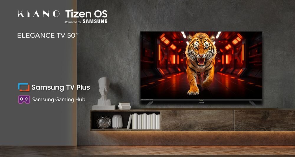 Telewizor KIANO Elegance 50 4K Tizen OS Powered by Samsung 50 cali Smart TV 4K HDR duży ekran do salonu, telewizor na komodzie w pomieszczeniu