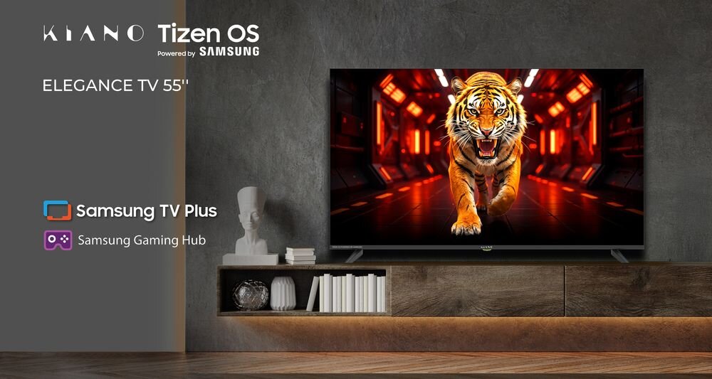Telewizor KIANO Elegance 55 4K Tizen OS Powered by Samsung  Smart TV 4K HDR duży ekran do salonu, telewizor na komodzie w pomieszczeniu
