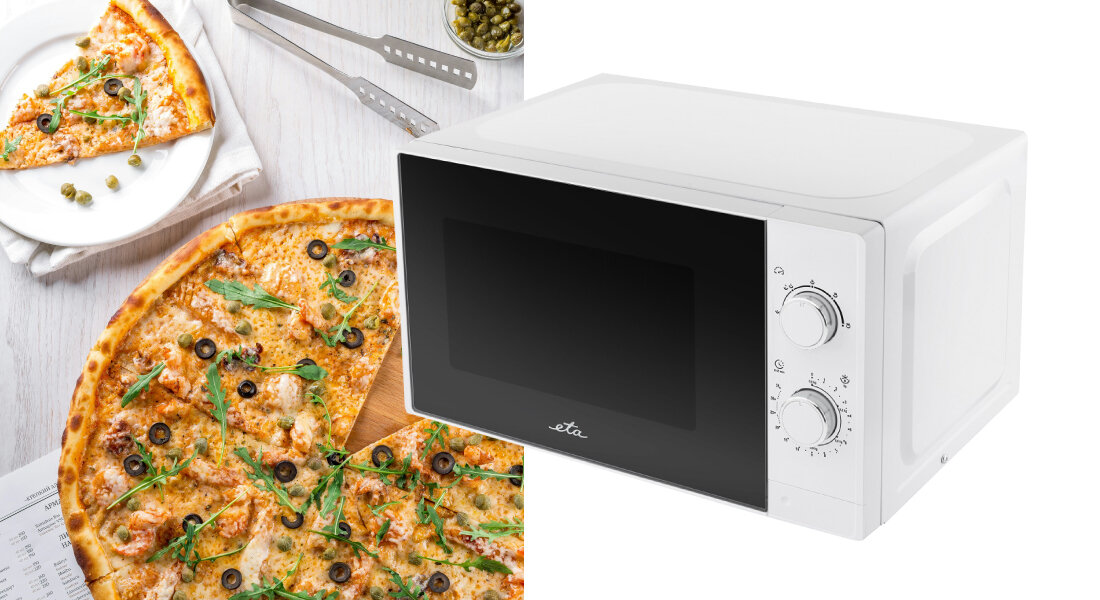 Kuchenka mikrofalowa ETA Marvello ETA421090000 Zdjęcie prezentuje kuchenkę mikrofalową ETA na białym tle, zestawioną z pizzą jako przykładem gotowego dania. Grafika akcentuje zastosowanie urządzenia do szybkiego podgrzewania posiłków mikrofalówka funkcje gotowanie podgrzewanie rozmrażanie 5 poziomów mocy wielofunkcyjna