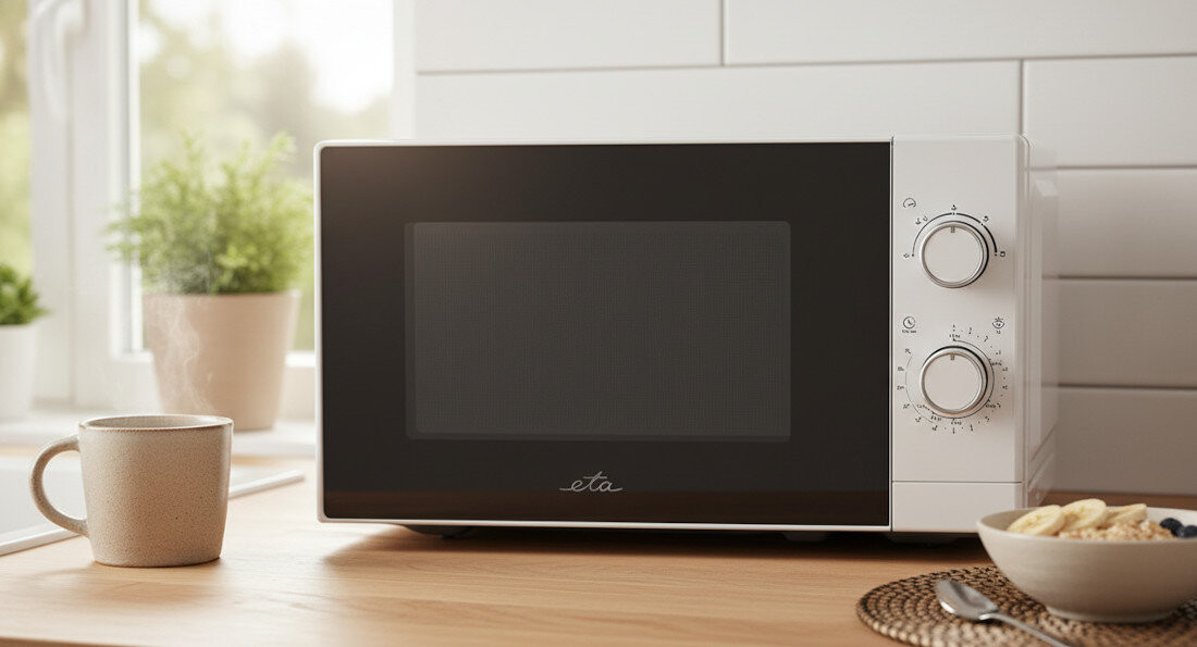 Kuchenka mikrofalowa ETA Marvello ETA421090000 Zdjęcie przedstawia białą kuchenkę mikrofalową ETA ustawioną na drewnianym blacie w jasnej kuchni, z kubkiem i miską na pierwszym planie. Naturalne światło oraz neutralna aranżacja podkreślają minimalistyczny design i codzienną funkcjonalność urządzenia mikrofalówka 20l cicha praca 63 dB podświetlenie wnętrza bezpieczne użytkowanie