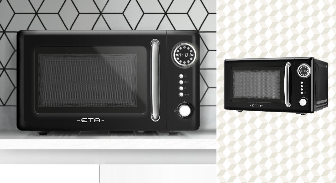 Kuchenka mikrofalowa ETA Storio ETA321090020 Zdjęcie pokazuje kuchenkę mikrofalową ETA ustawioną na blacie na tle geometrycznej, czarno‑białej ściany. Po prawej stronie widoczna jest dodatkowa miniatura urządzenia w tym samym stylu programy automatyczne 12 funkcji tryby rozmrażania łatwa obsługa