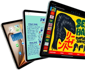 Trzy wyświetlacze iPada Air prezentujące funkcje systemu iPadOS i aplikacji