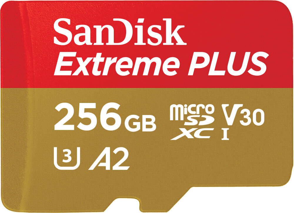 Karta pamięci SANDISK Extreme Plus microSDXC 256GB + Adapter prezentacja karty na białym tle do zdjęć i wideo