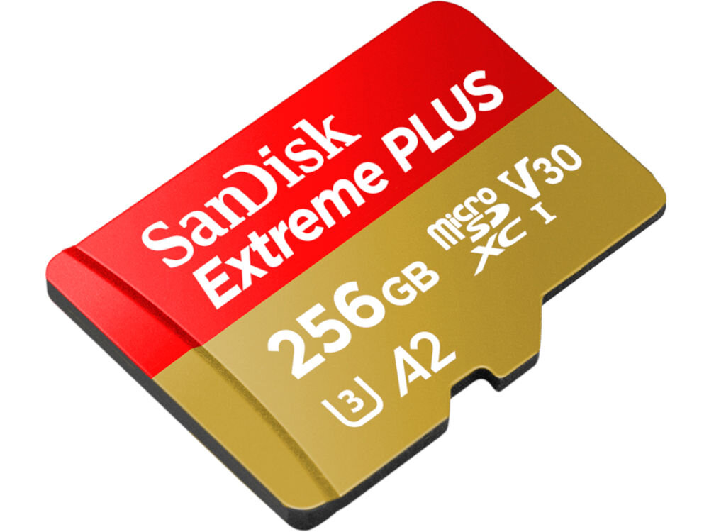 Karta pamięci SANDISK Extreme Plus microSDXC 256GB + Adapter prezentacja karty na białym tle pod kątem do zdjęć i wideo duża przestrzeń do przechowywania