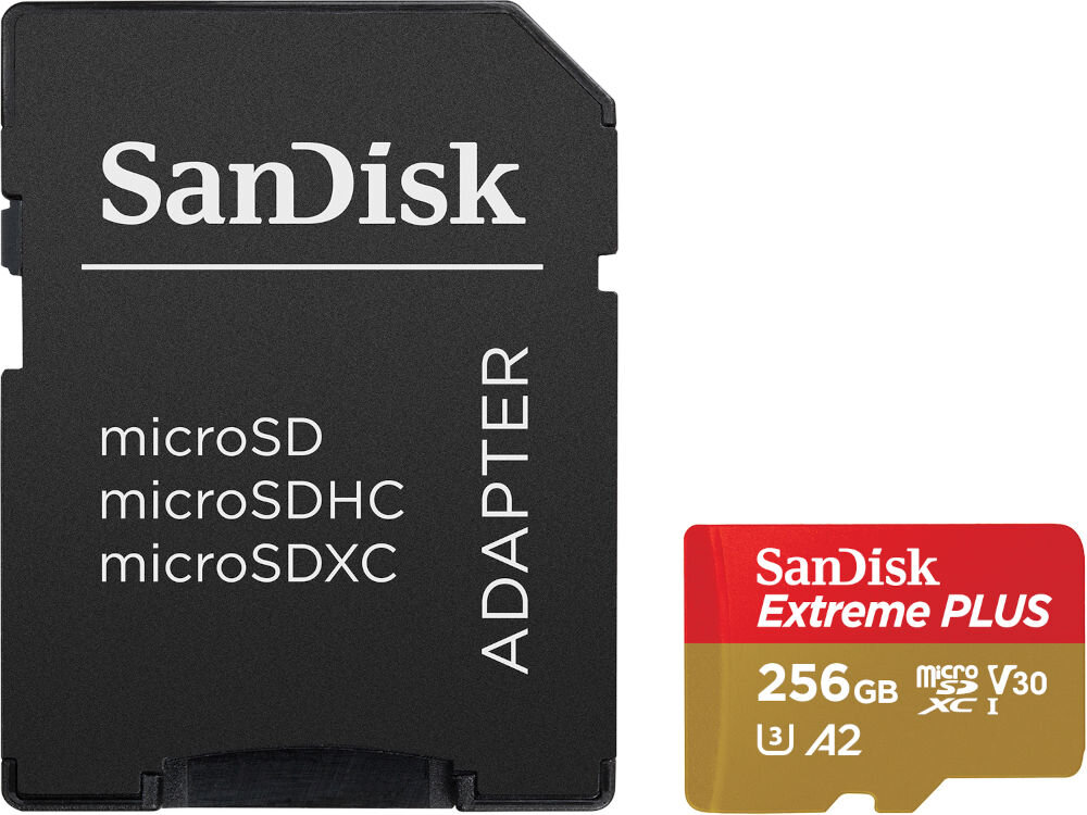 Karta pamięci SANDISK Extreme Plus microSDXC 256GB + Adapter prezentacja karty na białym tle z adapterem szybki odczyt do 200 MB/s transfer plików oszczędność czasu
