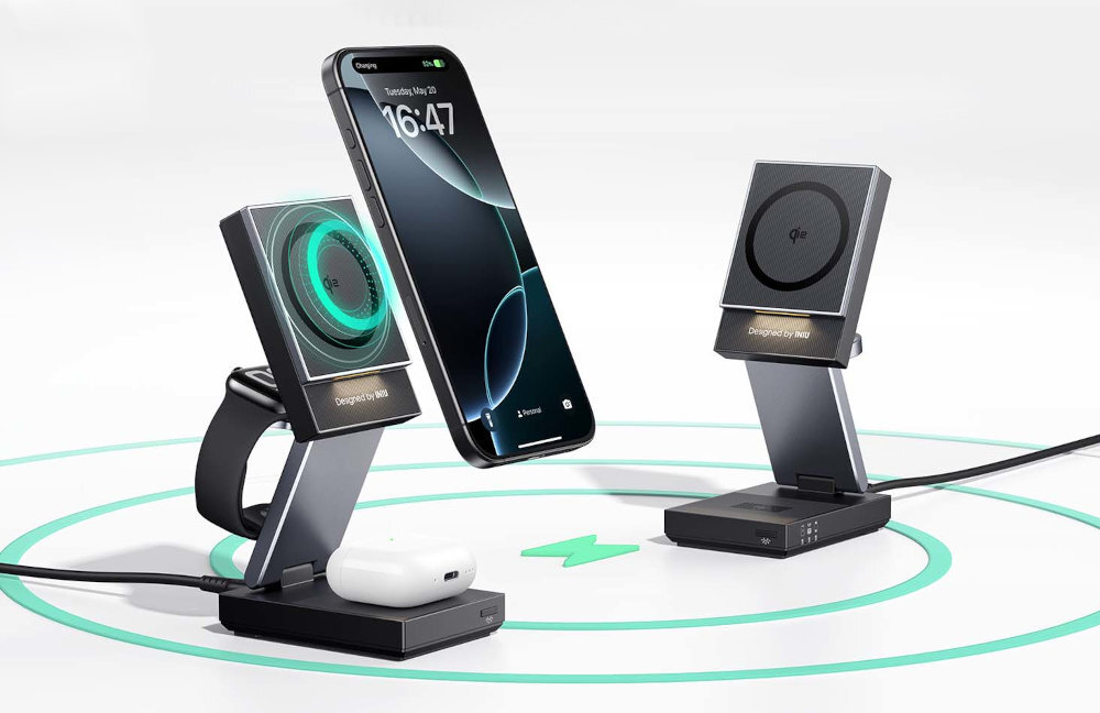 INIU MagPro WM311 15W INIU MagPro 3w1 Platynową Nagrodą American Good Design 2025 Złotą Nagrodą French Design 2025 technologii bezprzewodowego ładowania Qi2 15 W iPhone'a 5 W AirPods i Apple Watch trzech urządzeń jednocześnie - stacja z urządzeniami i bez