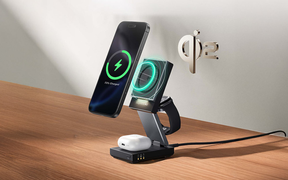 INIU MagPro WM311 15W INIU MagPro 3w1 iPhone’a, Apple Watch i AirPods biurku lub stoliku nocnym Wbudowane zabezpieczenia termiczne kontrola napięcia - ładowarka na blacie, obok logotyp qi2