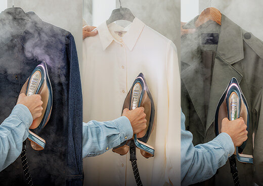 Kolaż trzech zdjęć. Mężczyzna prasuje w pionie generatorem pary GV9920 trzy różne typy ubrań.