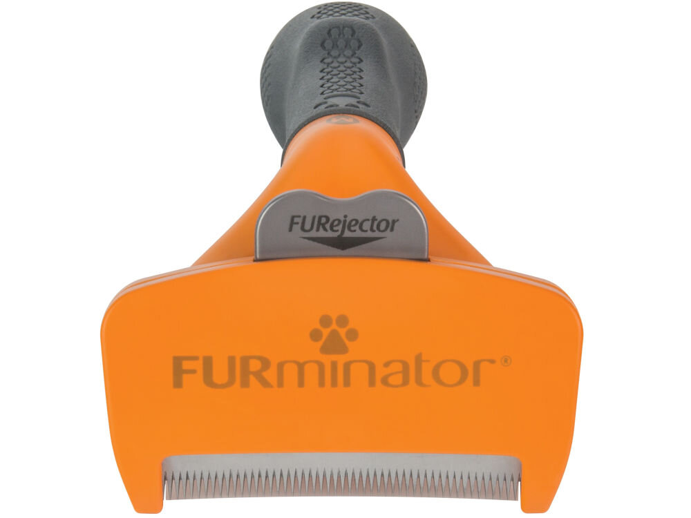 Szczotka FURMINATOR FUR151388 Czarno-pomarańczowy szczotka leżąca przodem pomarańczowa głowica czarna rączka przycisk ostrze białe tło krawędzie wykonane ze stali nierdzewnej bezpieczne usunięcie luźnego podszerstka technologia Skin Guard pozwala ślizgać się po skórze psa ergonomiczny uchwyt komfort użytkowania staranne wyprofilowanie dopasowuje się do kształtu ciała zwierzaka precyzyjne czesanie w każdym miejscu 