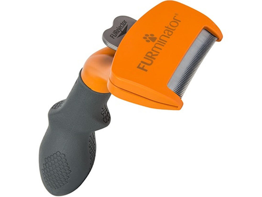 Szczotka FURMINATOR FUR151388 Czarno-pomarańczowy szczotka stojąca bokiem pomarańczowa głowica czarna rączka przycisk ostrze białe tło optymalne efekty 1-2 razy w tygodniu przez 10-20 minut na suchej sierści od głowy z włosem krótkie, lekkie ruchy wciśnij przycisk FURejector oczyszczenie ostrzy z zebranych włosów zabezpieczenie narzędzia przesunięcie przycisku w dół  waży 0,163 kg skuteczność wygoda