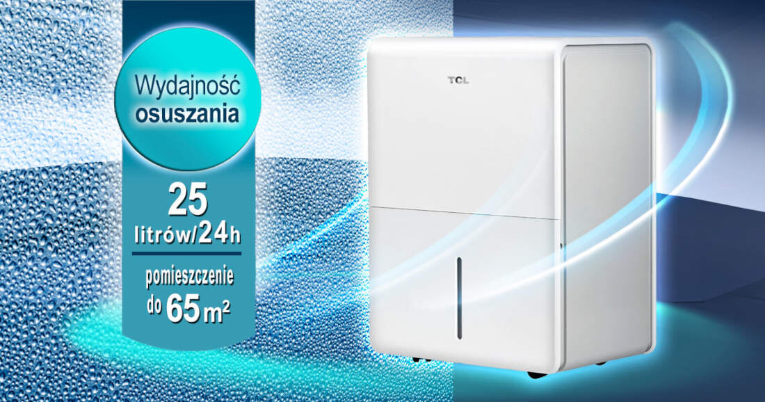 Osuszacz TCL DEM25EB Wydajność nawet do 65 m² do 25 litrów na dobę