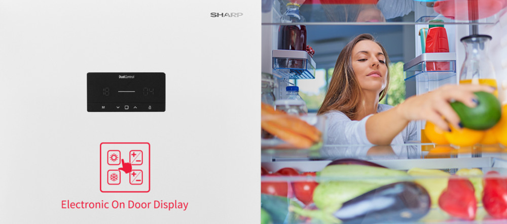 LODÓWKA SHARP SJ-FBA05DHXWE-EU Dotykowy czytelny wyświetlacz panel sterowania zmiana temperatury