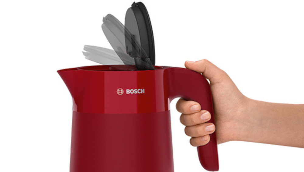 Czajnik BOSCH MyMoment TWK2M164 Czerwony Otwieranie pokrywy przycisk naciśnienie napełnianie woda