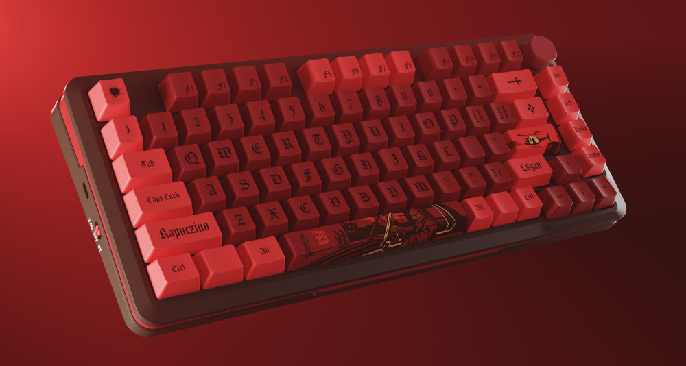 REDRAGON K4PUC21N0 PRO Redragon K4PUC21N0 PRO bezprzewodowa klawiatura połączenia na trzy sposoby Logana Kapuczino świecie GTA Precyzyjne przełączniki, cicha konstrukcja podświetlenie RGB - klawiatura od przodu na czerwonym tle