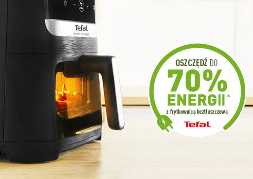 Frytkownica Easy Fry Silence EY8468 z podświetlonym wnętrzem kosza i napisem: Oszczędź do 70 procent energii z Tefal.