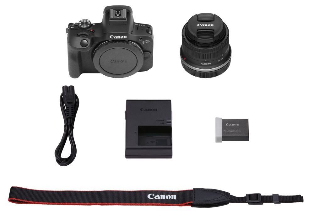 Aparat CANON EOS R100  zdjęcia obiektyw ekran wizjer ogniskowa przysłona migawka obudowa bateria zasilanie filmy nagrywanie rozdzielczość matryca rozmiar przekątna tryby iso montaż lampa światło przyciski sterowanie menu kontrast jasność balans bieli filtry cmos karta pliki format zapis seria