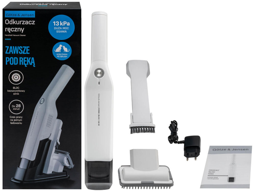 Odkurzacz ręczny GÖTZE & JENSEN HV800 Widok na zestaw Gotze & Jensen HV800: pudełko z grafiką i kluczowymi cechami (13 kPa, BLDC, PetBrush, 28 minut pracy), biały odkurzacz, dwie dodatkowe końcówki (wąska szczotkowa i PetBrush), zasilacz i instrukcja obsługi.